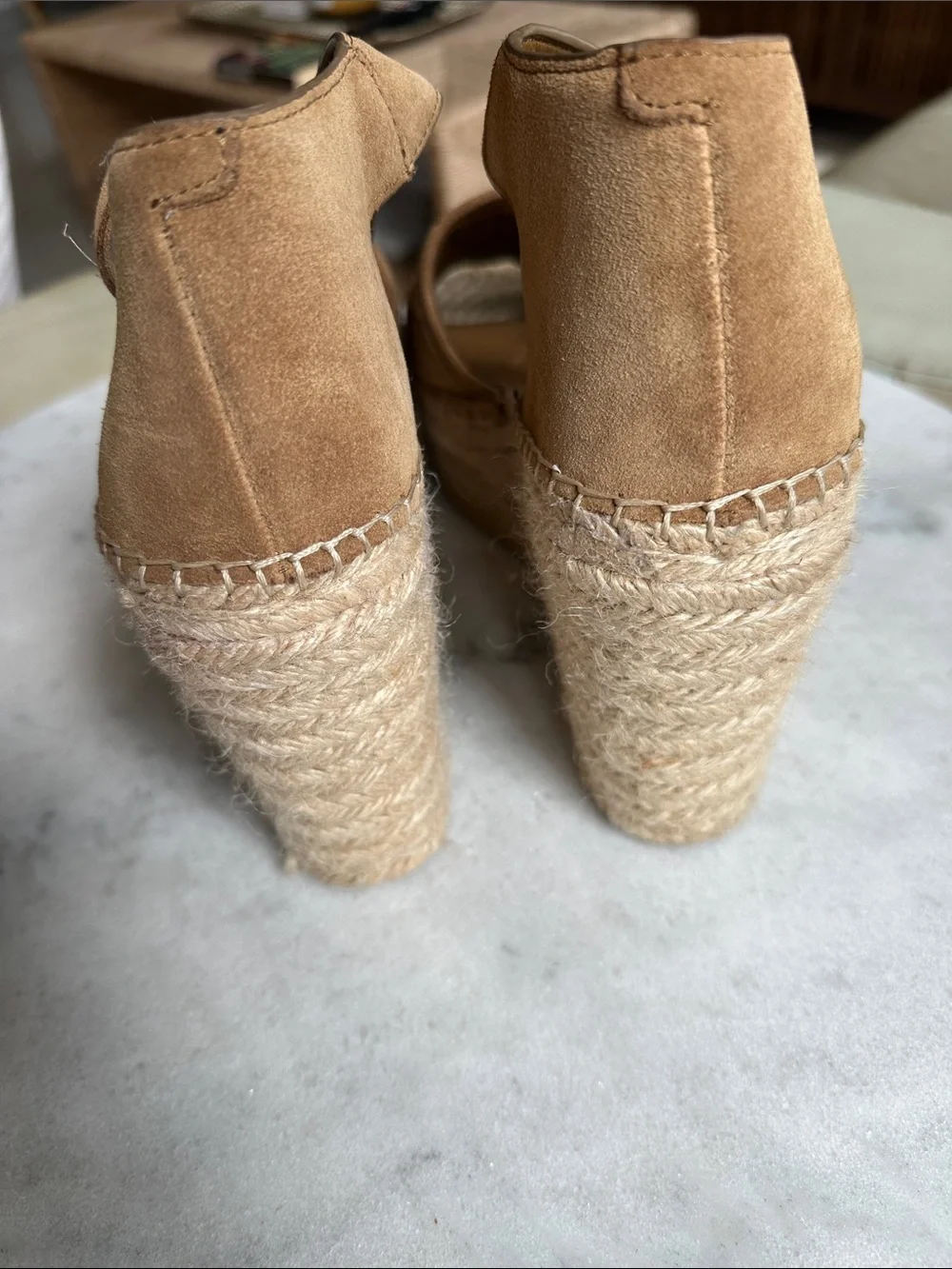 Suede Espadrille Wedge Sandals in Tan with Ankle Strap